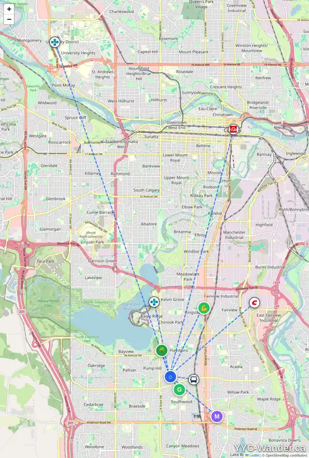 Daily accessibility map for 63 HILLGROVE DR SW, Calgary showing nearby schools, grocery stores, parks, LRT stations and nearby amenities