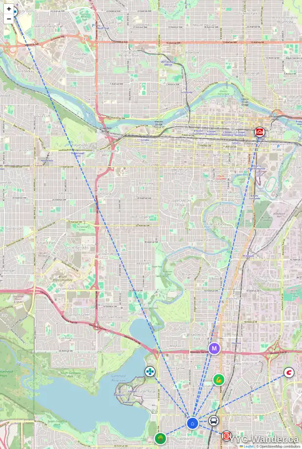 Daily accessibility map for 8607 7 ST SW, Calgary showing nearby schools, grocery stores, parks, LRT stations and nearby amenities