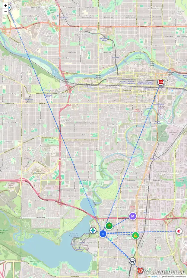 Daily accessibility map for 1315 KILLEARN AV SW, Calgary showing nearby schools, grocery stores, parks, LRT stations and nearby amenities