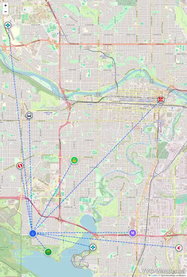 Daily accessibility map for 3528 LAKESIDE CR SW, Calgary showing nearby schools, grocery stores, parks, LRT stations and nearby amenities