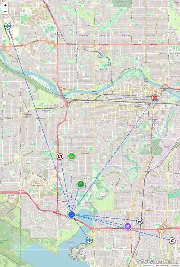 Daily accessibility map for 5935 20 ST SW, Calgary showing nearby schools, grocery stores, parks, LRT stations and nearby amenities