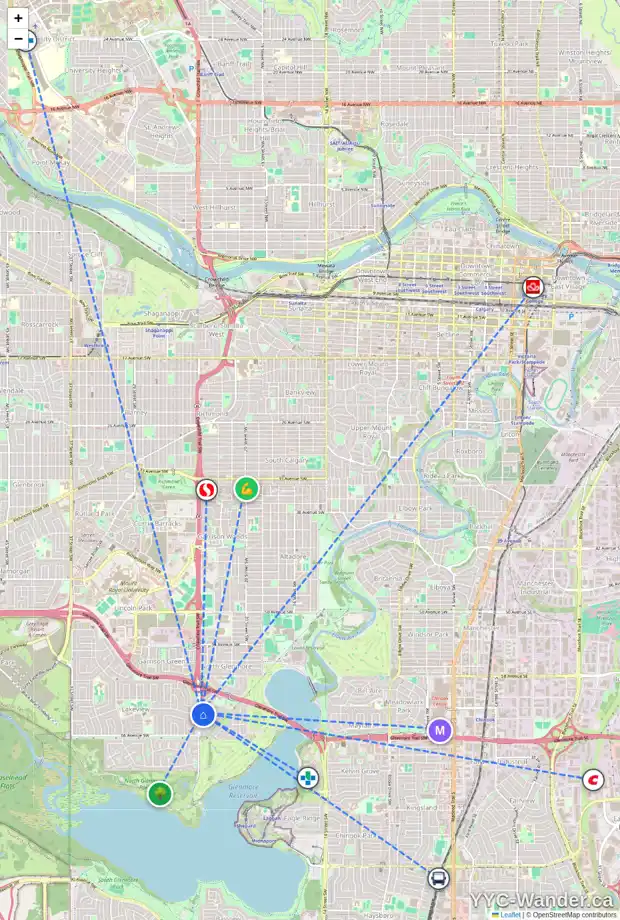 Daily accessibility map for 6404 CROWCHILD TR SW, Calgary showing nearby schools, grocery stores, parks, LRT stations and nearby amenities