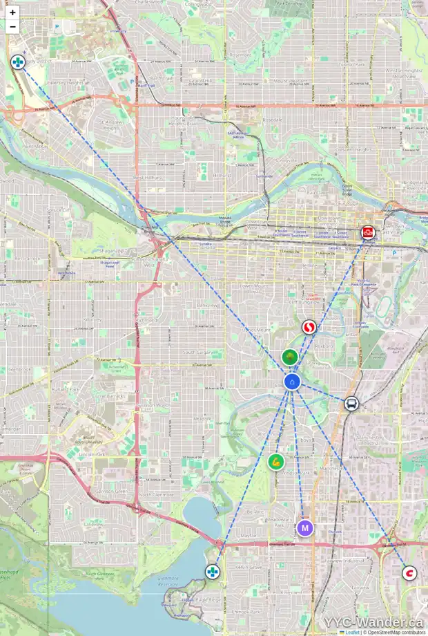 Daily accessibility map for 411 ELBOW PARK LN SW, Calgary showing nearby schools, grocery stores, parks, LRT stations and nearby amenities