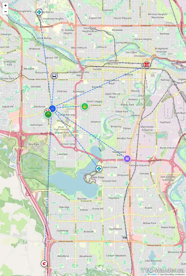 Daily accessibility map for 3708 35 AV SW, Calgary showing nearby schools, grocery stores, parks, LRT stations and nearby amenities