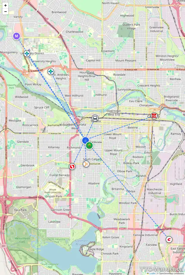 Daily accessibility map for 2014 21 AV SW, Calgary showing nearby schools, grocery stores, parks, LRT stations and nearby amenities