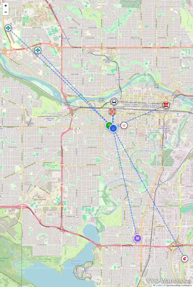 Daily accessibility map for 14 1125 17 AV SW, Calgary showing nearby schools, grocery stores, parks, LRT stations and nearby amenities