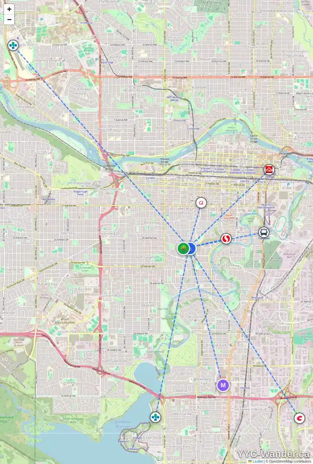 Daily accessibility map for 2713 CARTIER ST SW, Calgary showing nearby schools, grocery stores, parks, LRT stations and nearby amenities