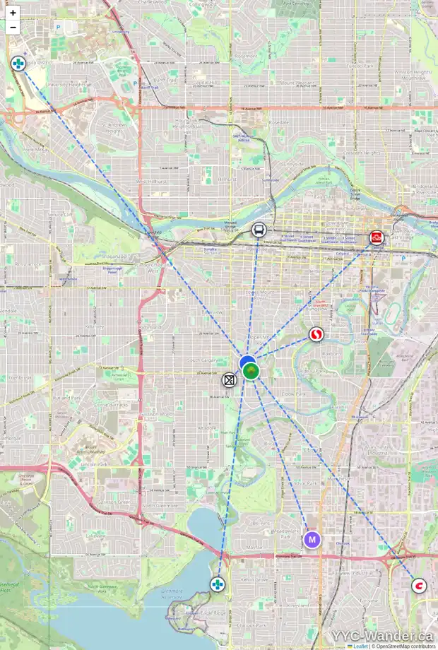 Daily accessibility map for 1201 PREMIER WY SW, Calgary showing nearby schools, grocery stores, parks, LRT stations and nearby amenities