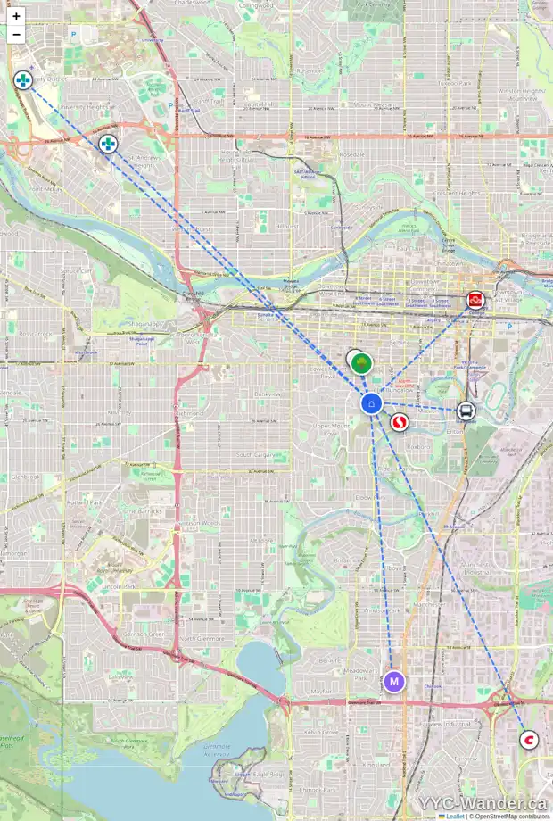 Daily accessibility map for 2205 HOPE ST SW, Calgary showing nearby schools, grocery stores, parks, LRT stations and nearby amenities