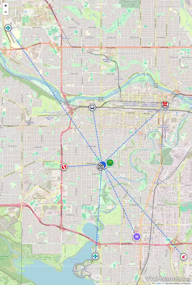 Daily accessibility map for 1417 COUNCIL WY SW, Calgary showing nearby schools, grocery stores, parks, LRT stations and nearby amenities