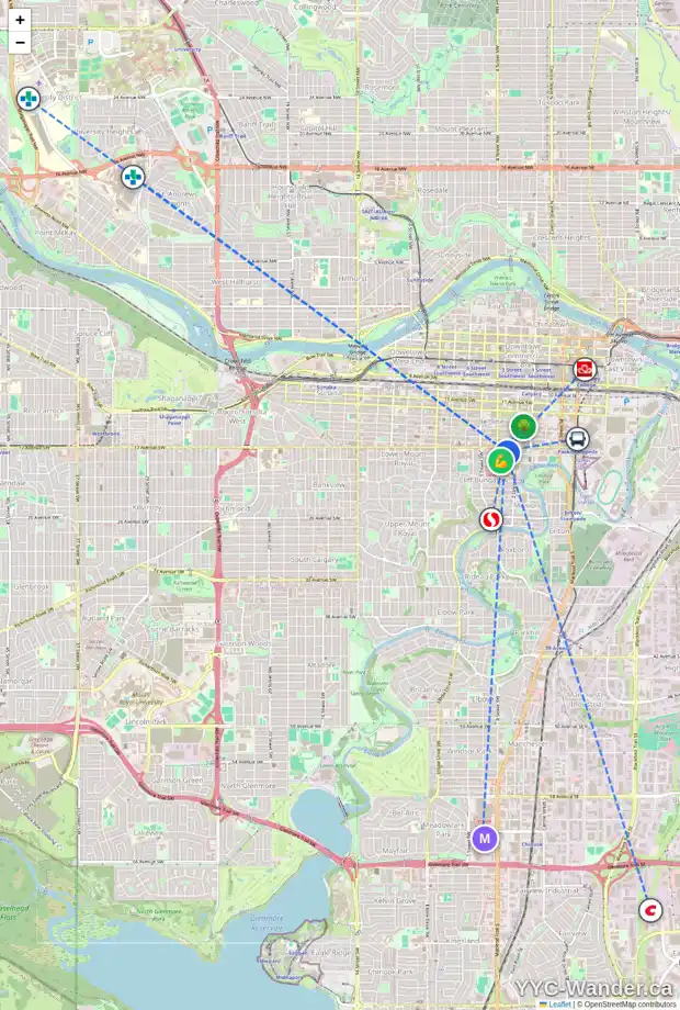 Daily accessibility map for 328 18 AV SW, Calgary showing nearby schools, grocery stores, parks, LRT stations and nearby amenities