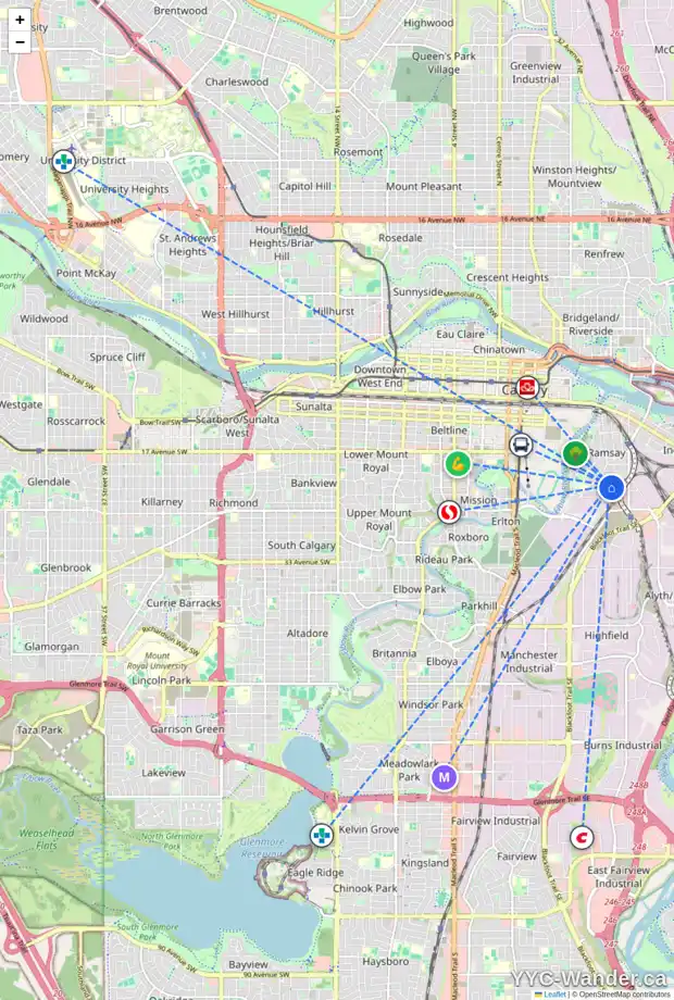 Daily accessibility map for 2208 8 ST SE, Calgary showing nearby schools, grocery stores, parks, LRT stations and nearby amenities