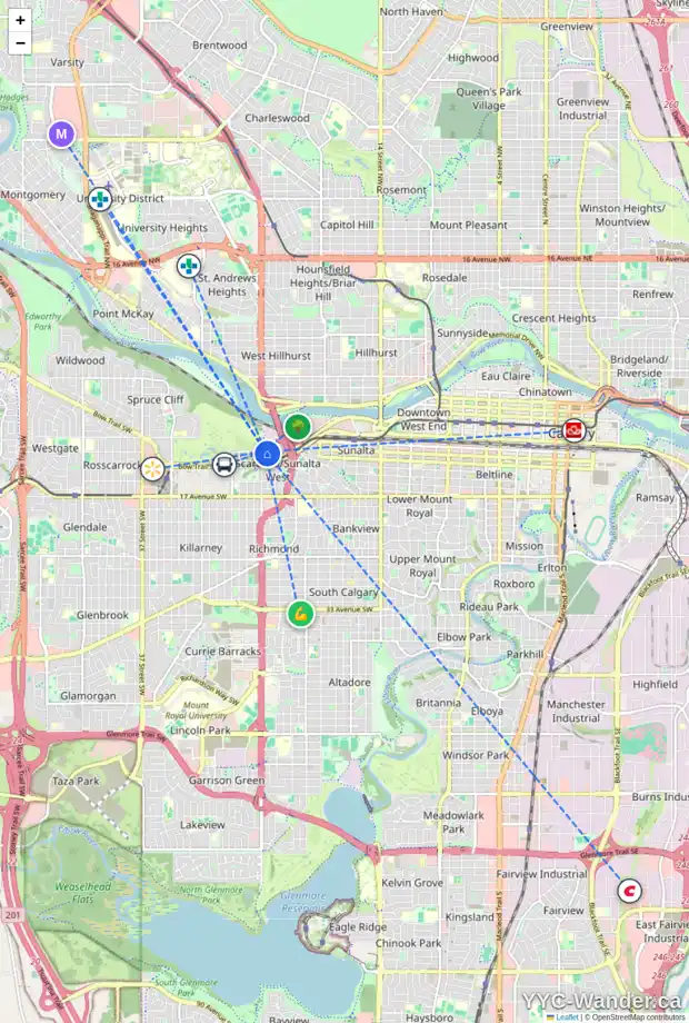 Daily accessibility map for 2431 SOVEREIGN CR SW, Calgary showing nearby schools, grocery stores, parks, LRT stations and nearby amenities