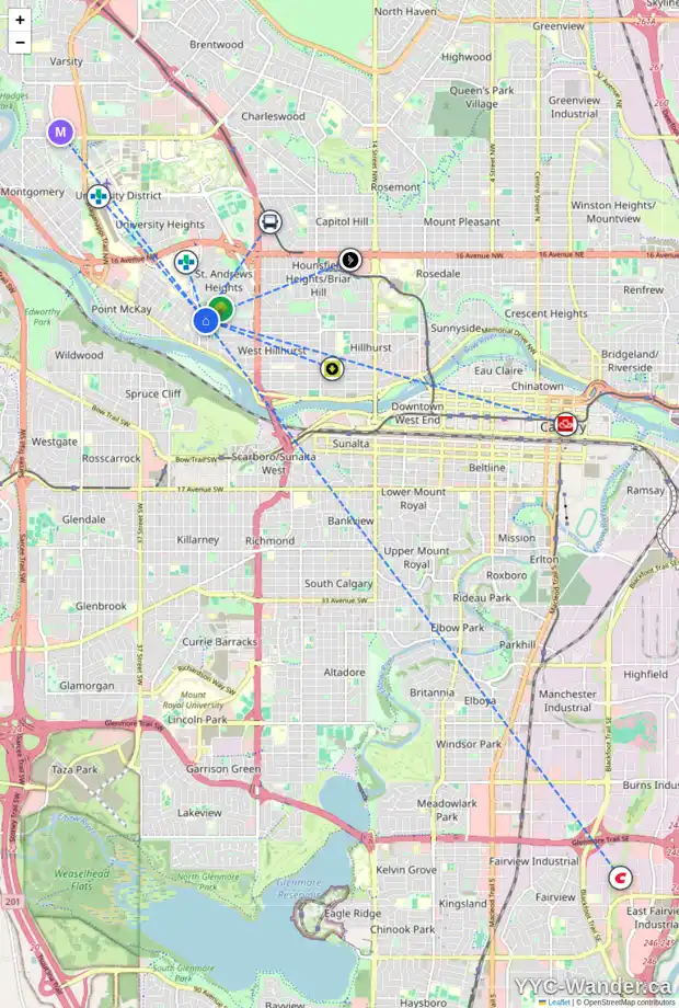 Daily accessibility map for 2912 7 AV NW, Calgary showing nearby schools, grocery stores, parks, LRT stations and nearby amenities