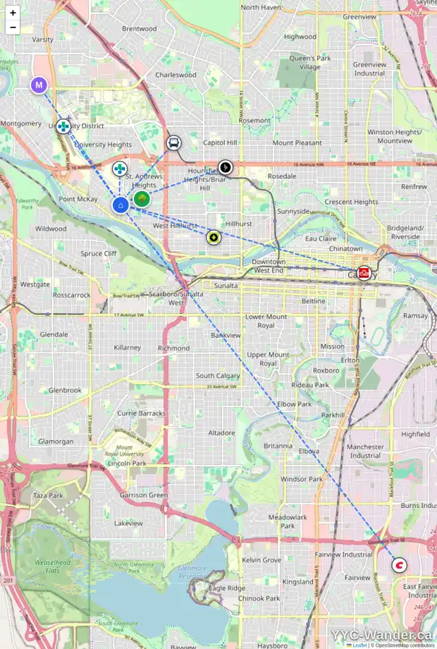 Daily accessibility map for 736 33 ST NW, Calgary showing nearby schools, grocery stores, parks, LRT stations and nearby amenities