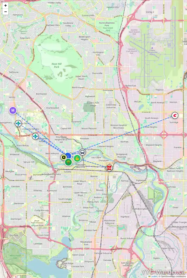 Daily accessibility map for 1736 1 AV NW, Calgary showing nearby schools, grocery stores, parks, LRT stations and nearby amenities