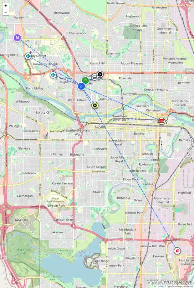Daily accessibility map for 2 HAWTHORNE CR NW, Calgary showing nearby schools, grocery stores, parks, LRT stations and nearby amenities