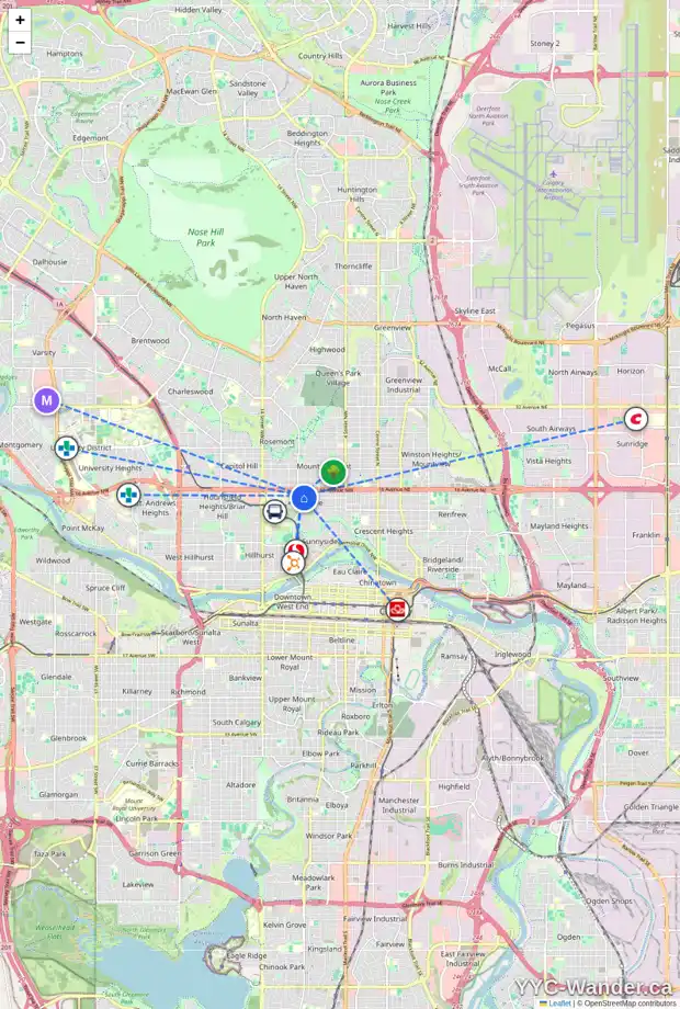 Daily accessibility map for 1610 CRESCENT RD NW, Calgary showing nearby schools, grocery stores, parks, LRT stations and nearby amenities