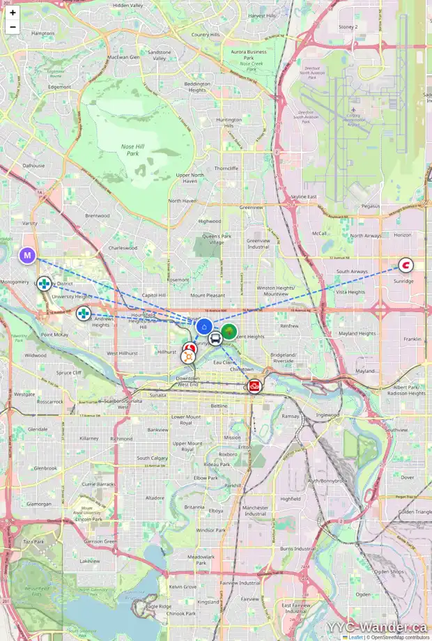 Daily accessibility map for 1312 7A ST NW, Calgary showing nearby schools, grocery stores, parks, LRT stations and nearby amenities
