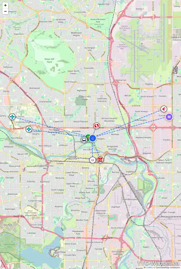 Daily accessibility map for 209 9 AV NW, Calgary showing nearby schools, grocery stores, parks, LRT stations and nearby amenities