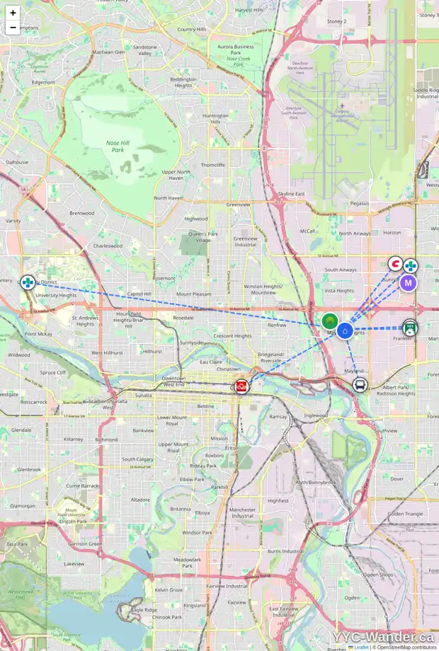 Daily accessibility map for 1024 19 ST NE, Calgary showing nearby schools, grocery stores, parks, LRT stations and nearby amenities