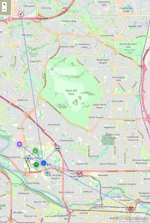 Daily accessibility map for 2260 UXBRIDGE DR NW, Calgary showing nearby schools, grocery stores, parks, LRT stations and nearby amenities