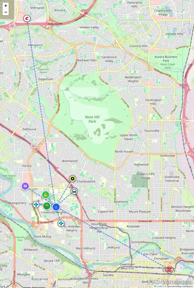 Daily accessibility map for 3339 UPTON PL NW, Calgary showing nearby schools, grocery stores, parks, LRT stations and nearby amenities