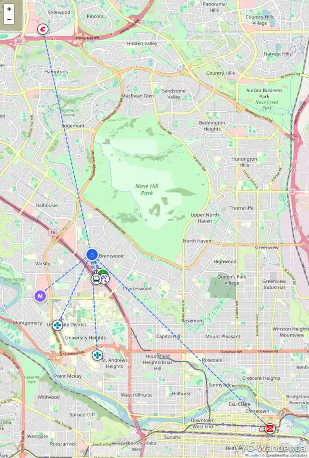 Daily accessibility map for 88 BROWN CR NW, Calgary showing nearby schools, grocery stores, parks, LRT stations and nearby amenities