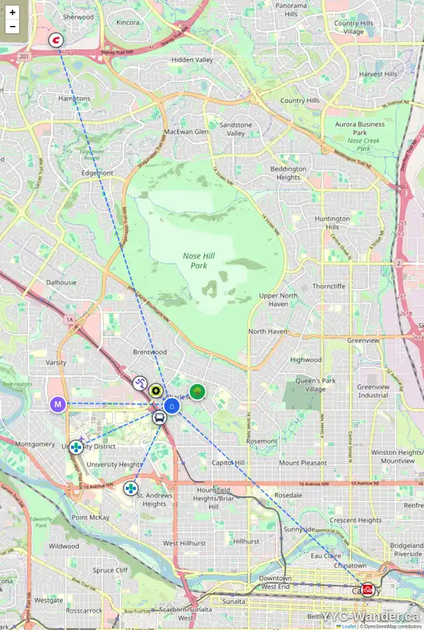 Daily accessibility map for 2523 CHARLEBOIS DR NW, Calgary showing nearby schools, grocery stores, parks, LRT stations and nearby amenities