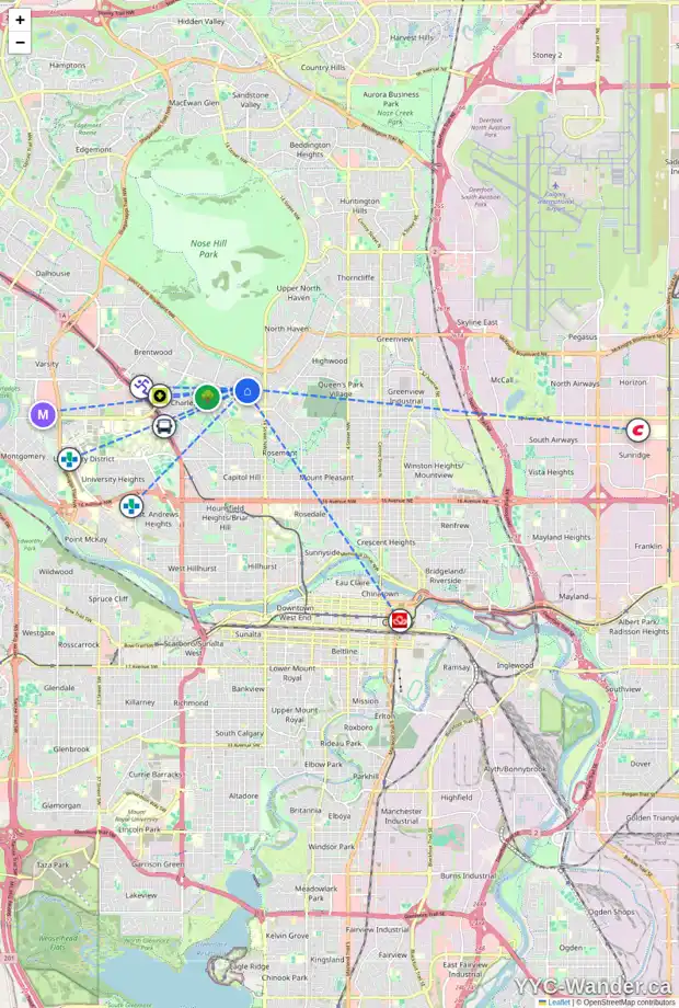 Daily accessibility map for 39 CLARENDON RD NW, Calgary showing nearby schools, grocery stores, parks, LRT stations and nearby amenities
