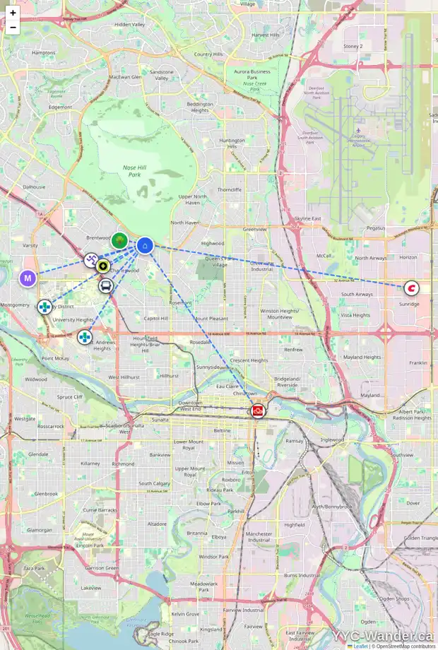 Daily accessibility map for 4340 19 ST NW, Calgary showing nearby schools, grocery stores, parks, LRT stations and nearby amenities