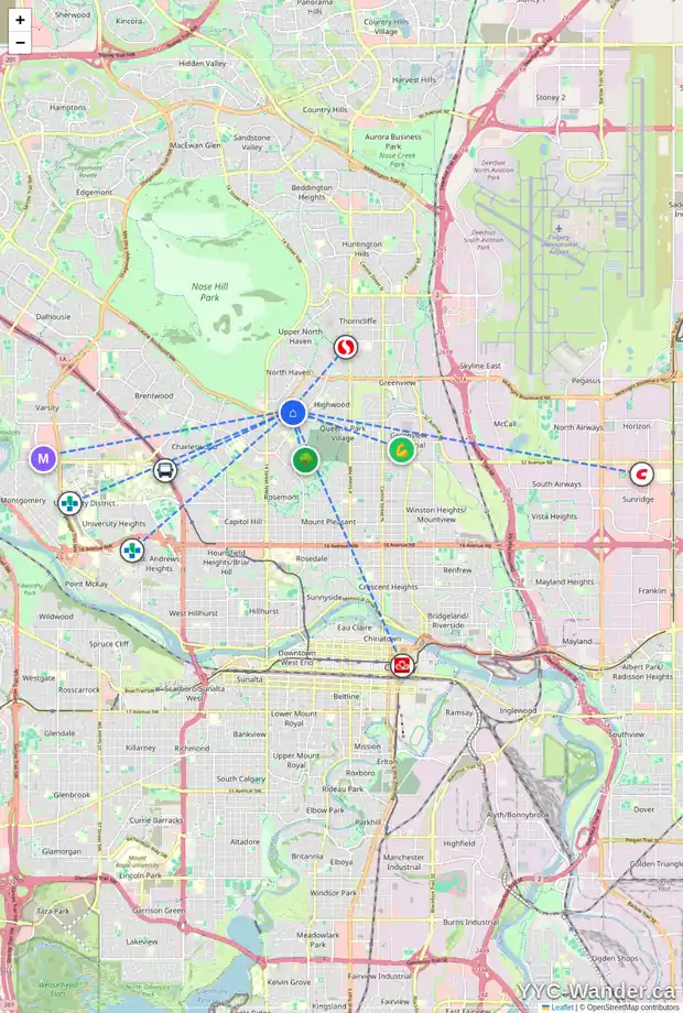 Daily accessibility map for 1232 40 AV NW, Calgary showing nearby schools, grocery stores, parks, LRT stations and nearby amenities