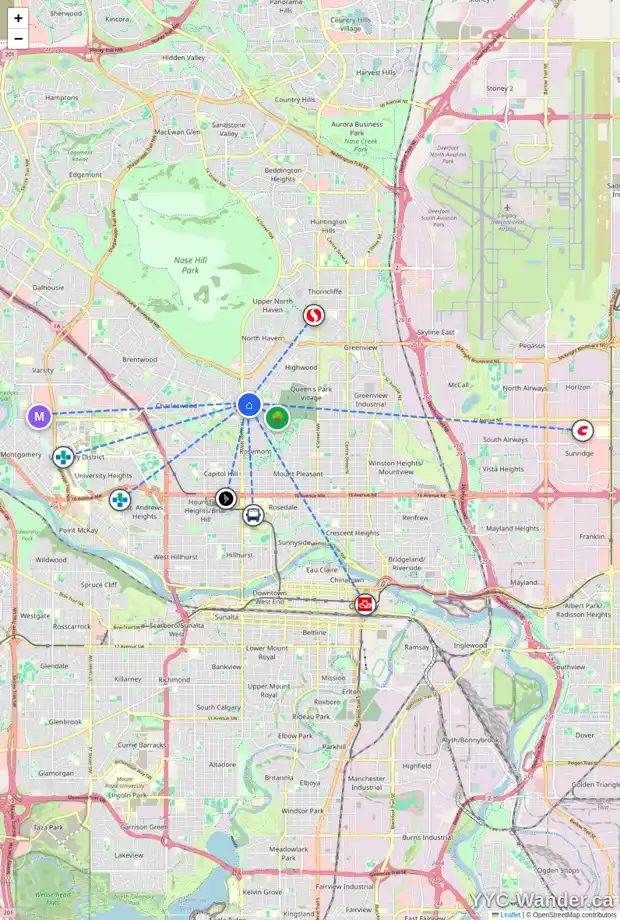 Daily accessibility map for 33 CONNAUGHT DR NW, Calgary showing nearby schools, grocery stores, parks, LRT stations and nearby amenities