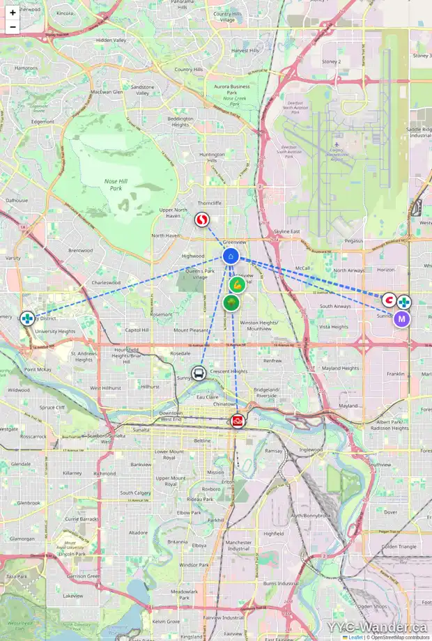 Daily accessibility map for 4416 CENTRE A ST NE, Calgary showing nearby schools, grocery stores, parks, LRT stations and nearby amenities