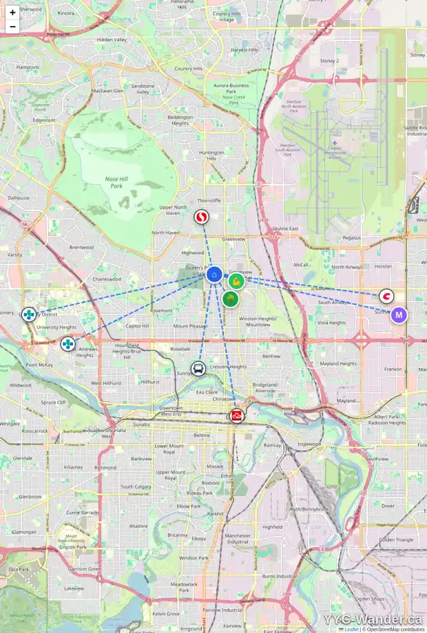 Daily accessibility map for 3802 3 ST NW, Calgary showing nearby schools, grocery stores, parks, LRT stations and nearby amenities