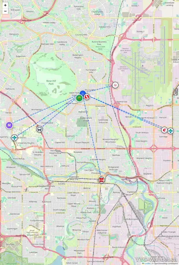 Daily accessibility map for 901 THORNEYCROFT DR NW, Calgary showing nearby schools, grocery stores, parks, LRT stations and nearby amenities