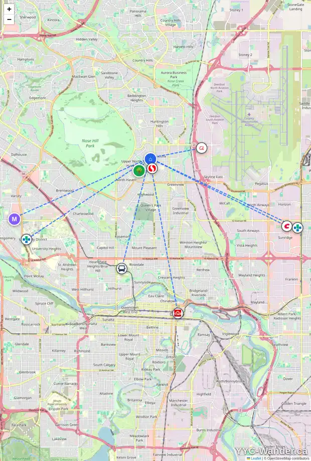 Daily accessibility map for 1015 THORNEYCROFT DR NW, Calgary showing nearby schools, grocery stores, parks, LRT stations and nearby amenities