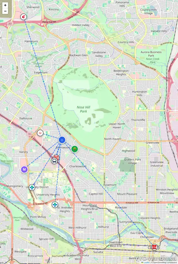 Daily accessibility map for 4932 BROCKINGTON RD NW, Calgary showing nearby schools, grocery stores, parks, LRT stations and nearby amenities