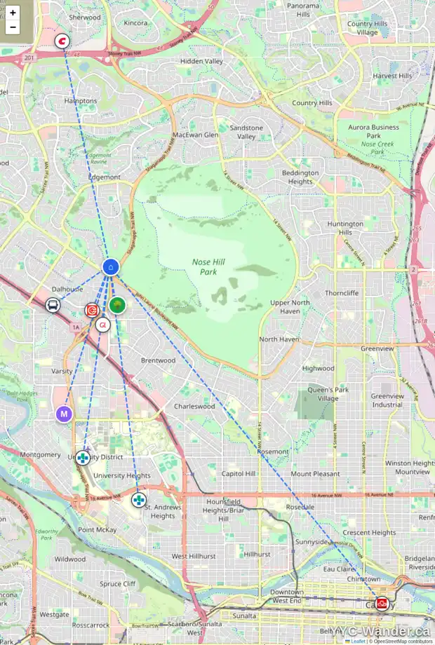 Daily accessibility map for 1052 EDGEMONT RD NW, Calgary showing nearby schools, grocery stores, parks, LRT stations and nearby amenities