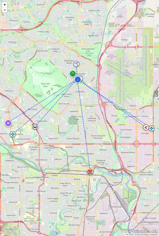 Daily accessibility map for 7020 5 ST NW, Calgary showing nearby schools, grocery stores, parks, LRT stations and nearby amenities