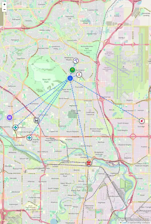Daily accessibility map for 7035 HUNTERBOW CR NW, Calgary showing nearby schools, grocery stores, parks, LRT stations and nearby amenities