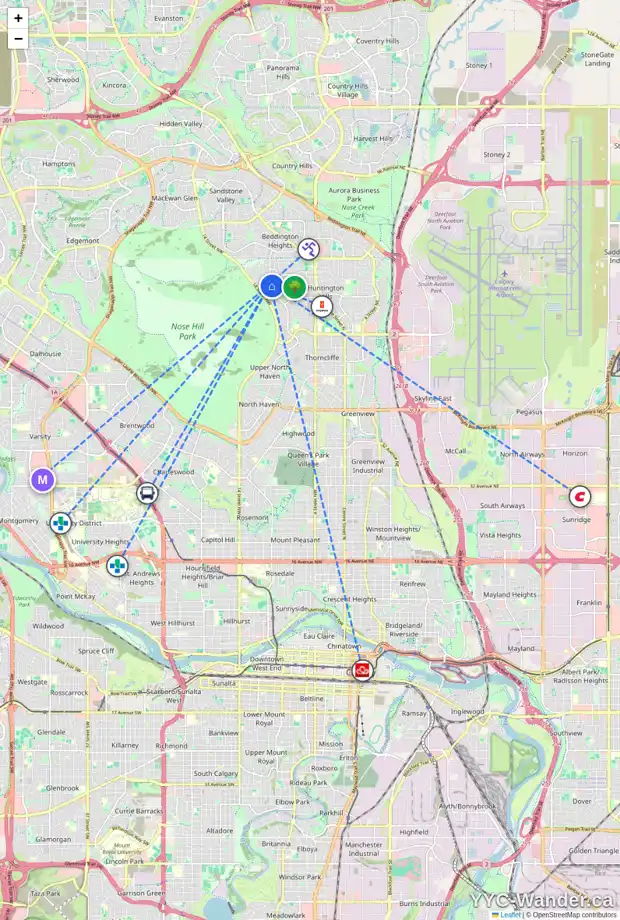 Daily accessibility map for 1252 HUNTERBURN CR NW, Calgary showing nearby schools, grocery stores, parks, LRT stations and nearby amenities