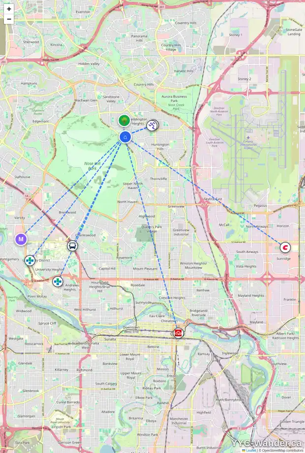 Daily accessibility map for 1450 HUNTERBROOK RD NW, Calgary showing nearby schools, grocery stores, parks, LRT stations and nearby amenities