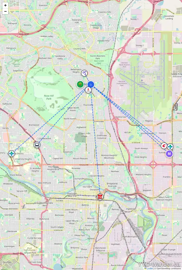 Daily accessibility map for 227 HUNTCROFT RD NE, Calgary showing nearby schools, grocery stores, parks, LRT stations and nearby amenities