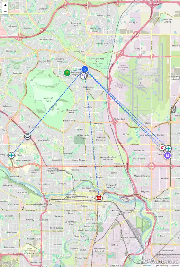 Daily accessibility map for 19 BERGEN CR NW, Calgary showing nearby schools, grocery stores, parks, LRT stations and nearby amenities