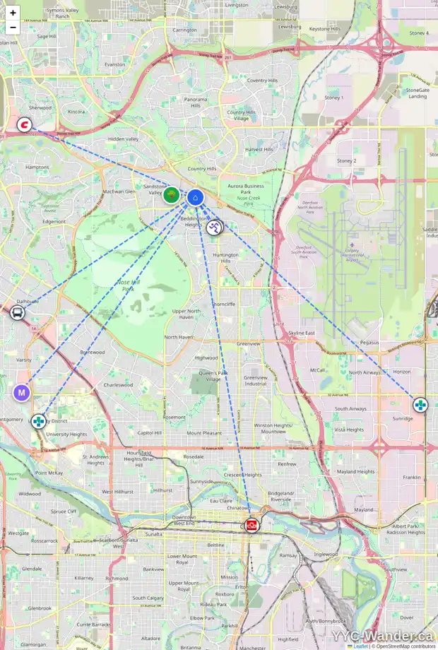 Daily accessibility map for 364 BERKSHIRE PL NW, Calgary showing nearby schools, grocery stores, parks, LRT stations and nearby amenities