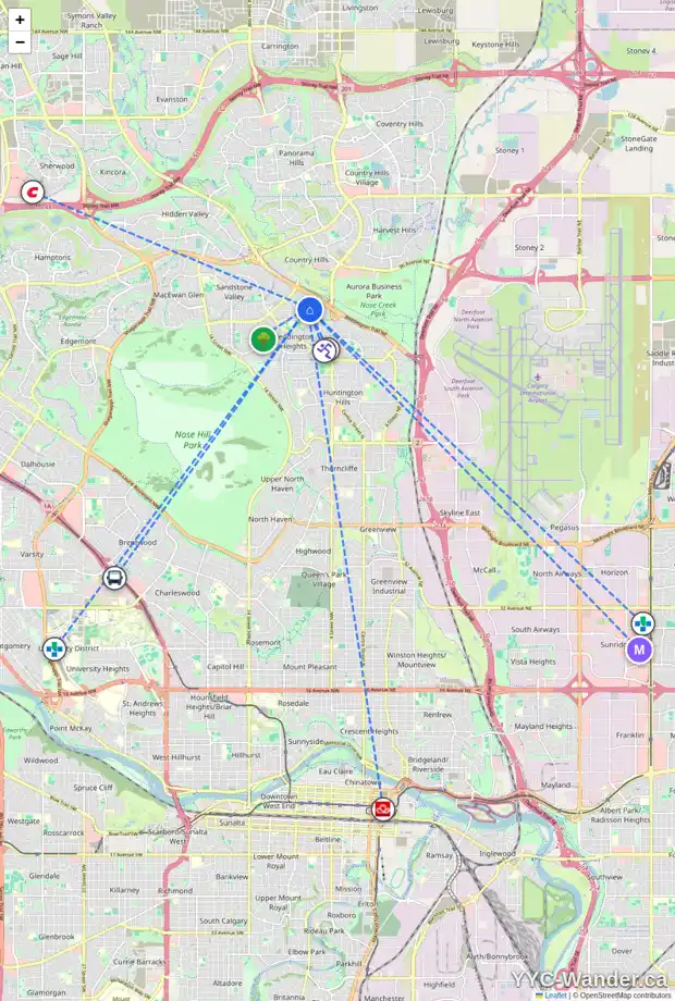 Daily accessibility map for 91 BERNARD DR NW, Calgary showing nearby schools, grocery stores, parks, LRT stations and nearby amenities