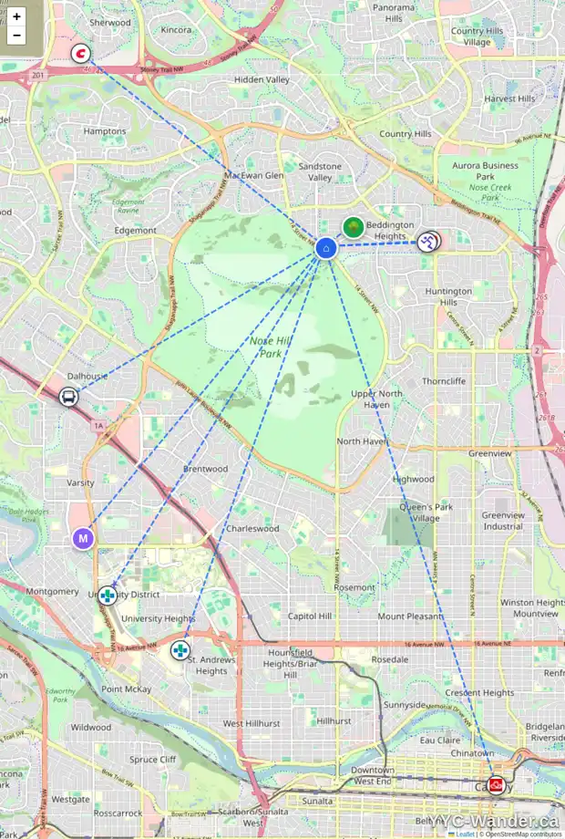 Daily accessibility map for 20 BERKLEY GA NW, Calgary showing nearby schools, grocery stores, parks, LRT stations and nearby amenities