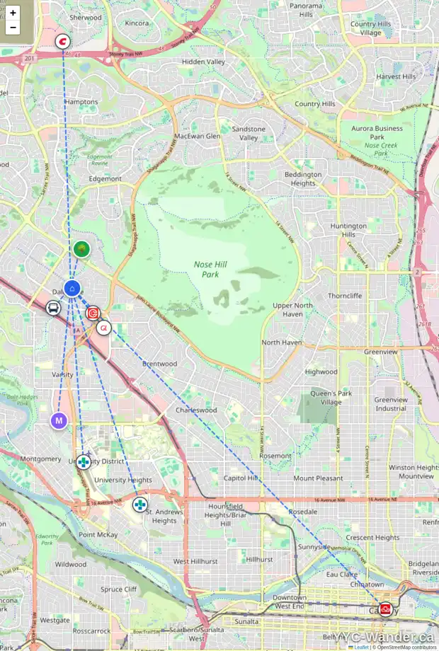 Daily accessibility map for 308 DALGLEISH BA NW, Calgary showing nearby schools, grocery stores, parks, LRT stations and nearby amenities
