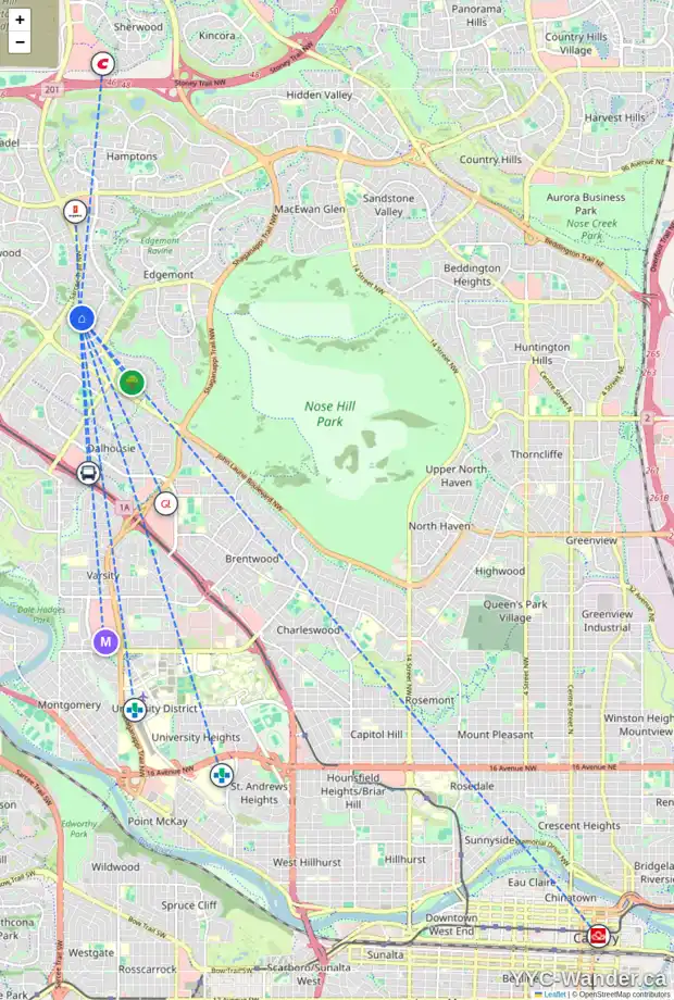 Daily accessibility map for 8 EDGEHILL ME NW, Calgary showing nearby schools, grocery stores, parks, LRT stations and nearby amenities